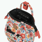 Floral patterned bag with a black interior on a white background
