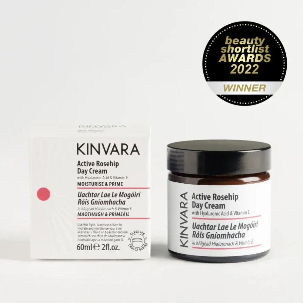 Kinvara Active Rosehip Day Cream with packaging and award badge on a white background