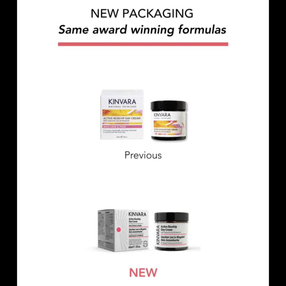 Comparison of Kinvara product packaging with new and previous designs on a white background.