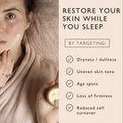 Woman applying cream with text about skin care benefits