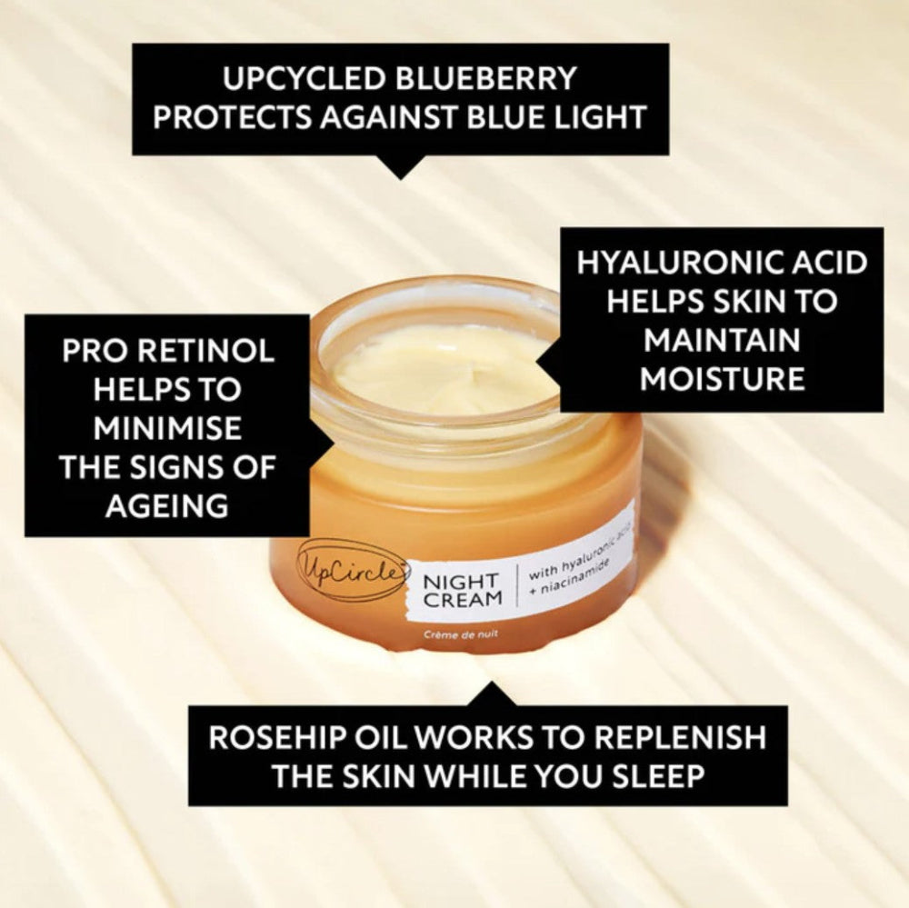 Jar of night cream with text highlighting its benefits on a beige background