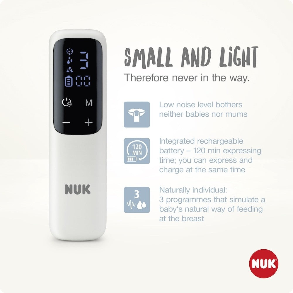 NUK breast expression device with features listed on a white background
