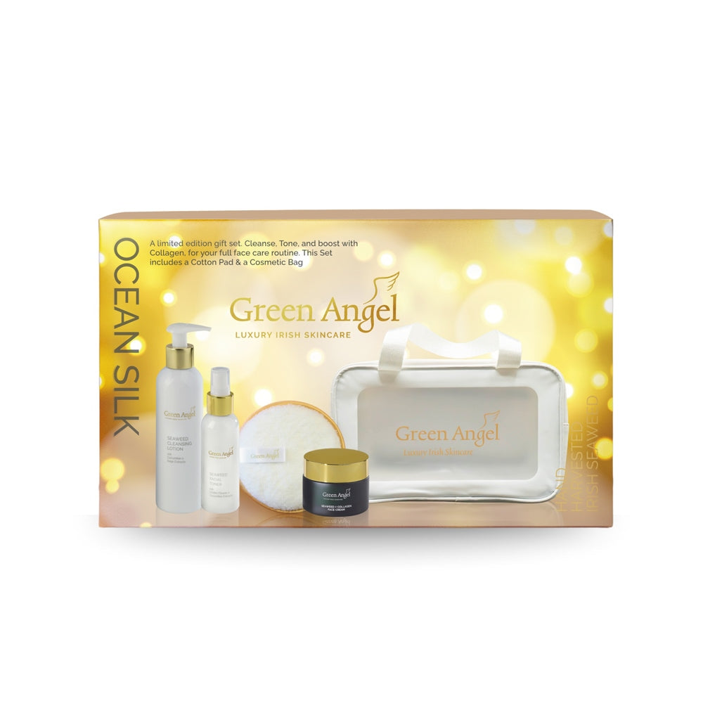 Green Angel skincare gift set packaging with products on a white background