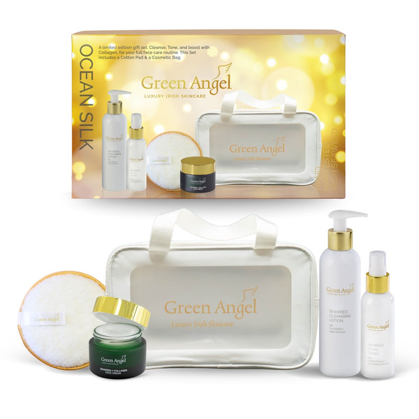 Green Angel skincare product set with packaging on a white background