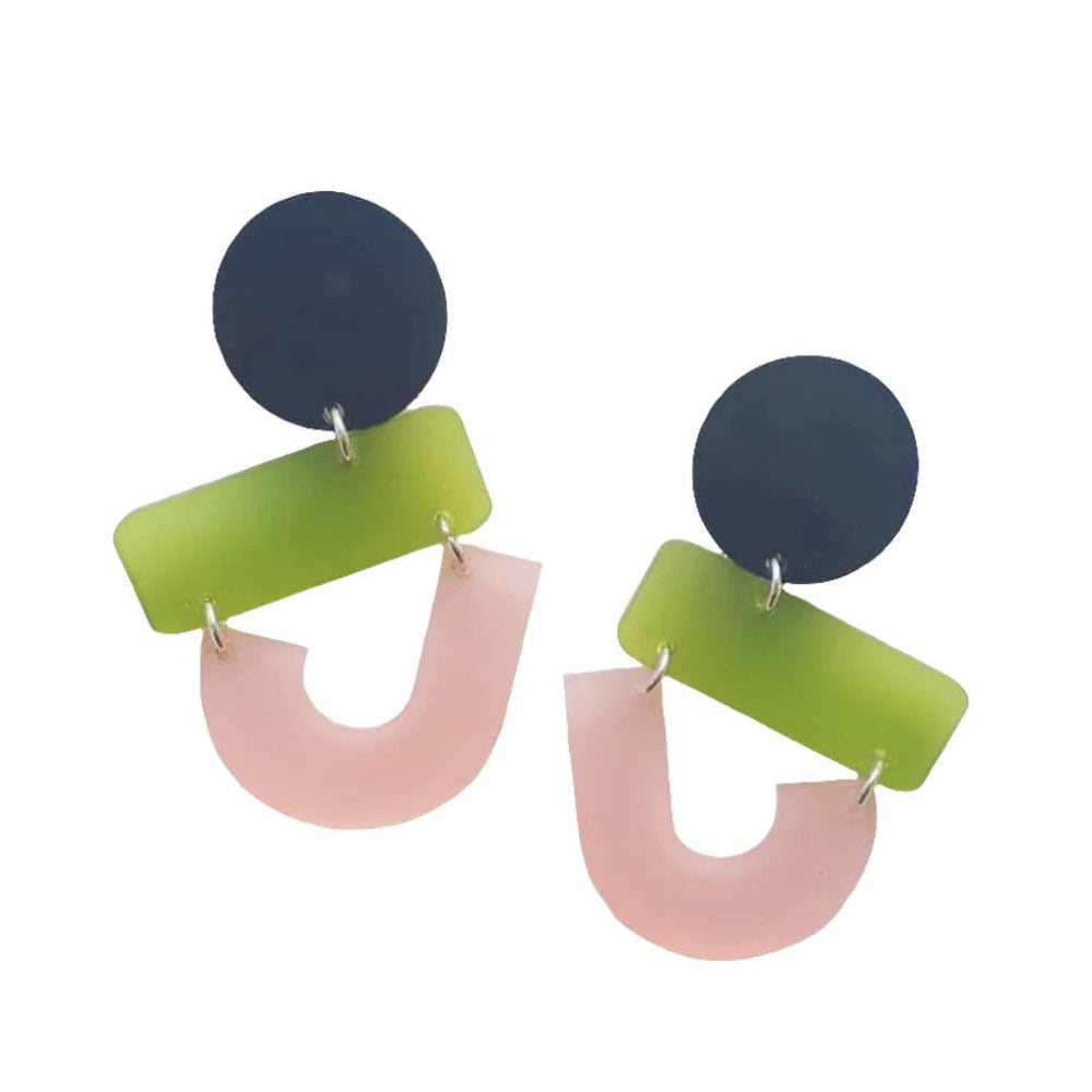 Pair of earrings with colorful geometric design on a white background