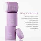 Three lavender-purple jars of Bare by Vogue Overnight Tan are arranged on a white background with descriptive text on the right.
