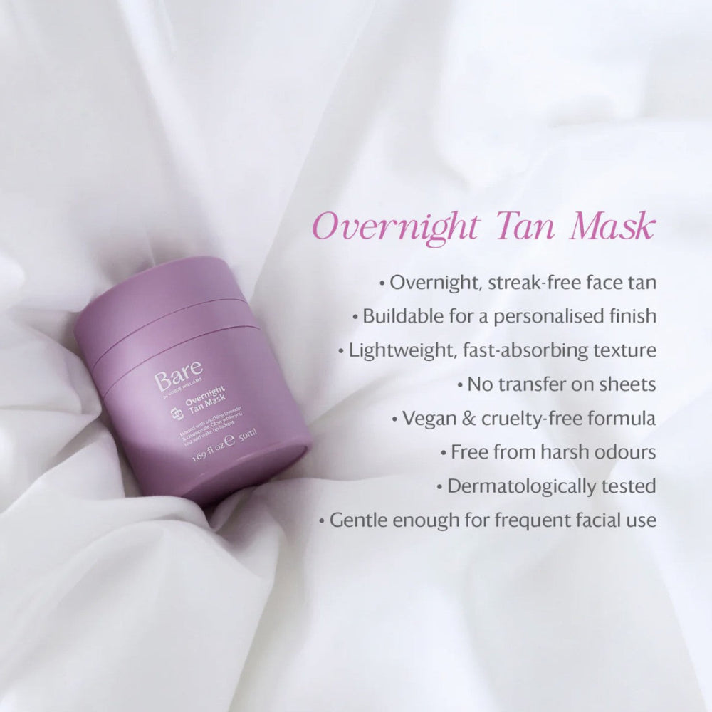 A lavender purple jar of Bare By Vogue Cosmetics Overnight Tan Mask resting on draped white fabric, with product details listed in pink and gray text on the right.