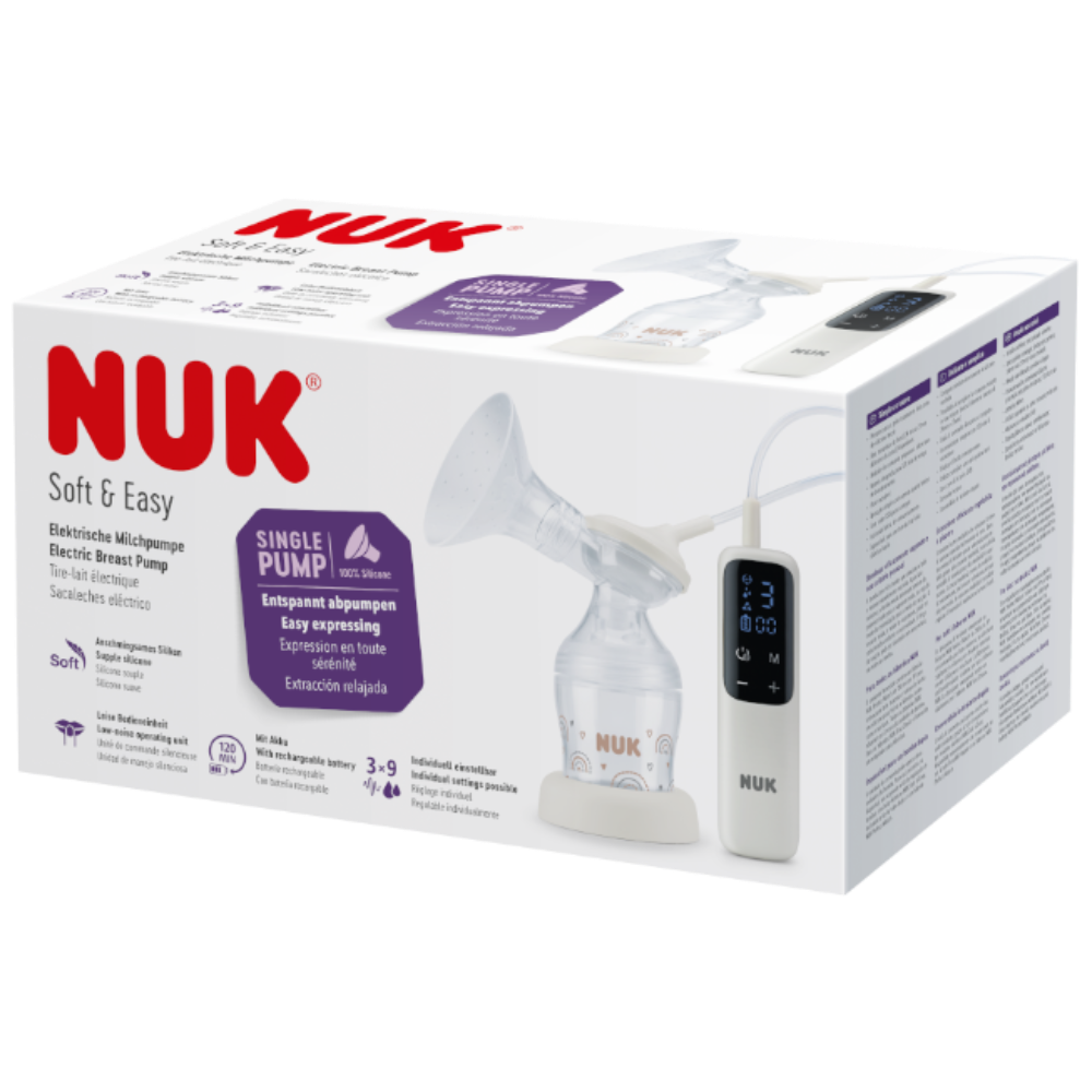 NUK breast pump packaging with clear depiction of the pump on a white background