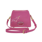 Pink handbag with decorative text and design on a white background
