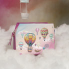 Pouch with hot air balloon design on a fluffy white surface