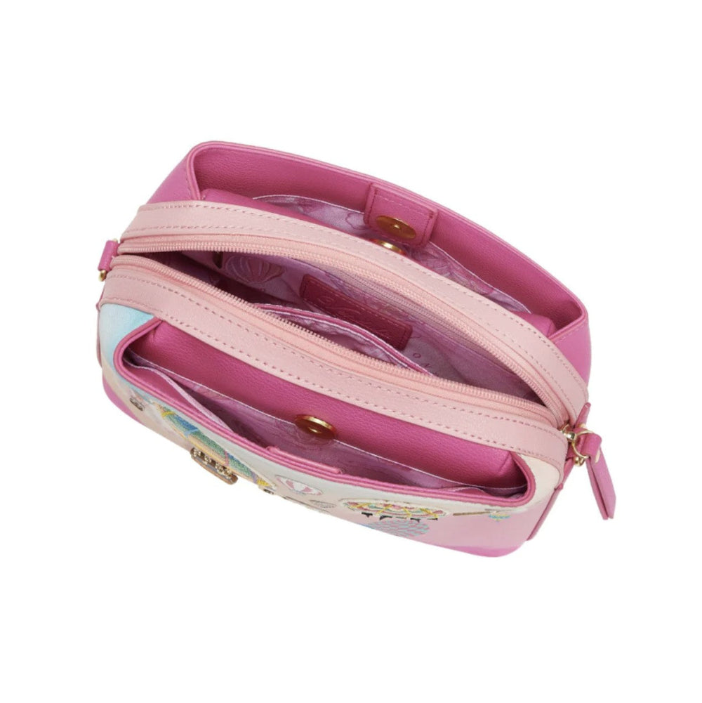 Pink handbag with a clear compartment on a white background