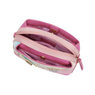 Pink handbag with a clear compartment on a white background