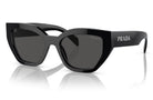Prada cat-eye sunglasses with a glossy black acetate frame and dark grey lenses, featuring the Prada logo on the temple arm