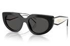 Prada sunglasses with a glossy black cat-eye frame, dark lenses, and white temples featuring gold Prada branding.