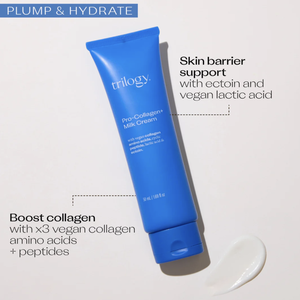 Blue skincare tube labeled 'trilogy' on a light gray background with text about product benefits.