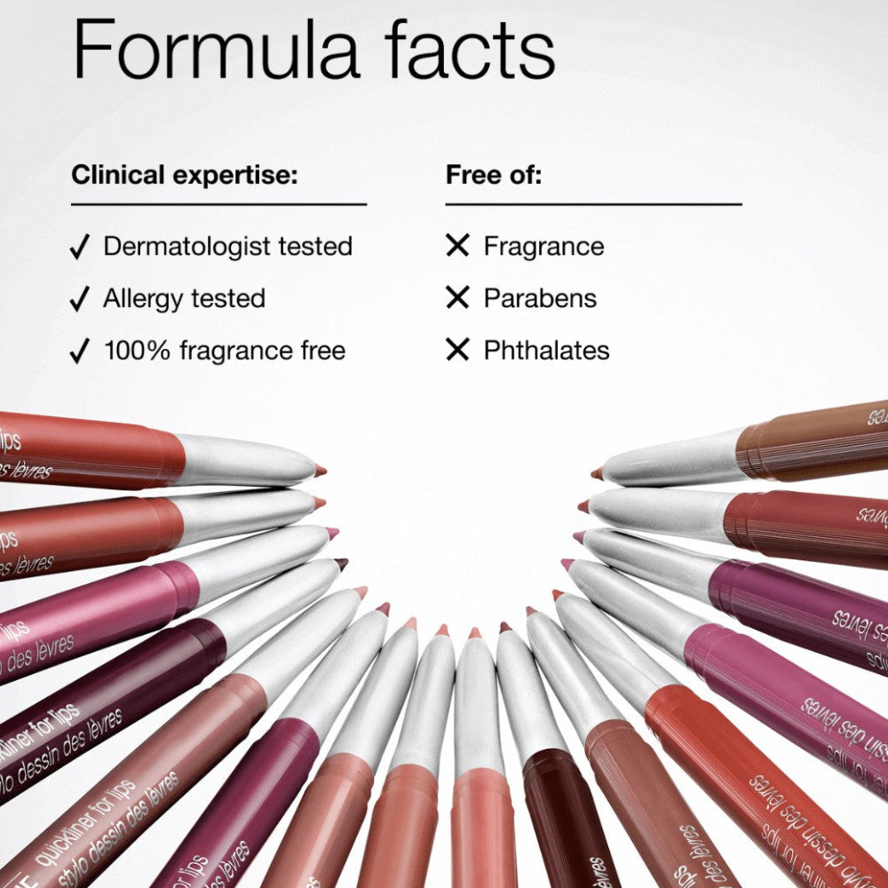Lip liner pencils with 'Formula facts' text and product details on a white background