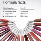 Lip liner pencils with 'Formula facts' text and product details on a white background