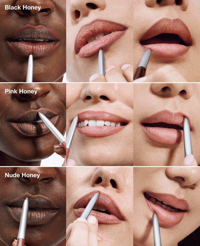 Lipstick swatches on lips with applicators labeled 'Black Honey', 'Pink Honey', and 'Nude Honey'.