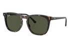 Sunglasses with tortoiseshell frame and dark lenses on a white background