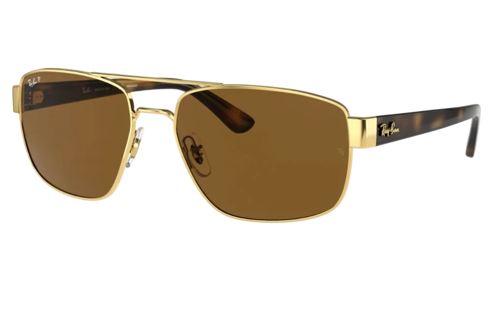 Gold-framed sunglasses with brown lenses on a white background