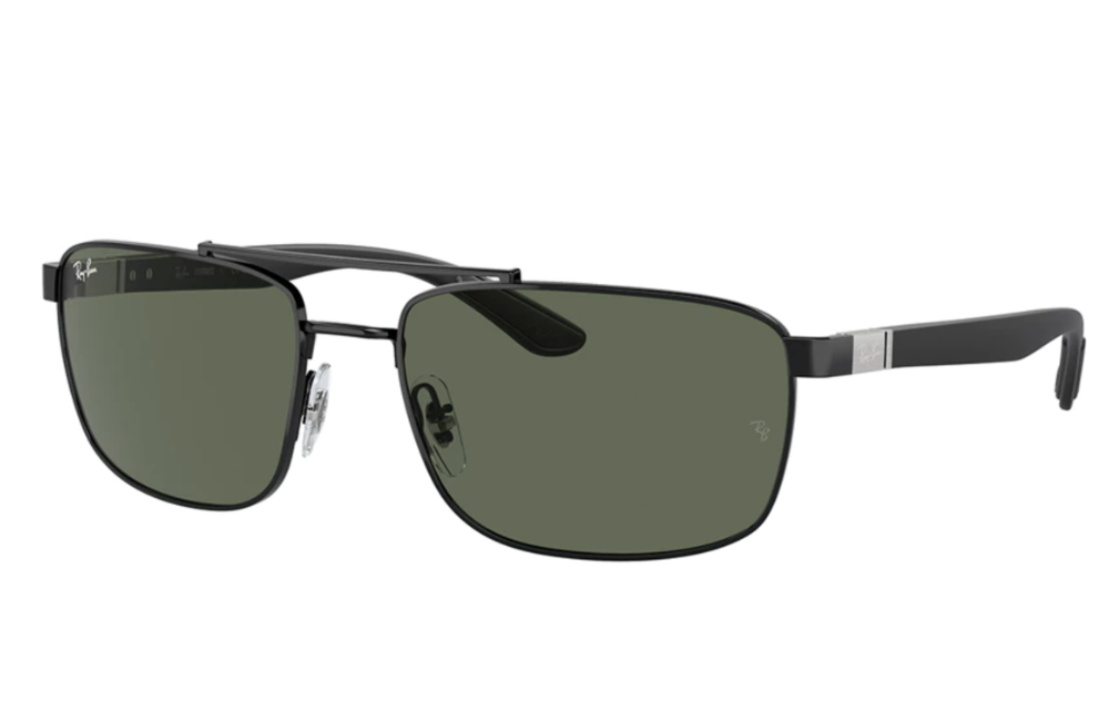 Sunglasses with black frame and green lenses on a white background