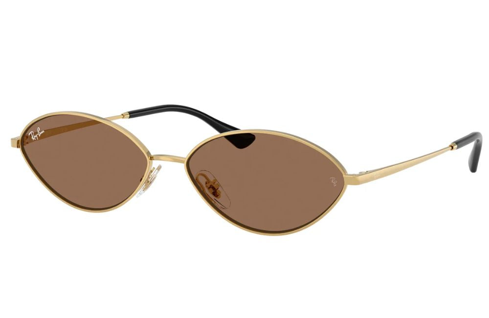 Ray-Ban oval sunglasses with gold metal frames, brown lenses, and black temple tips