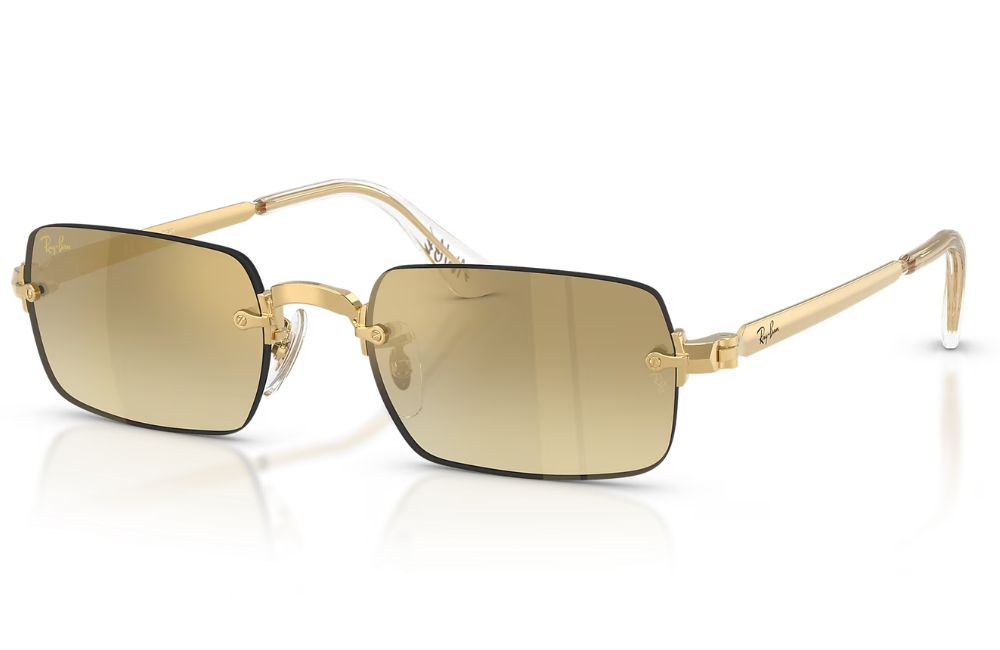 Rimless square sunglasses with gold metal frames and gradient brown-tinted lenses