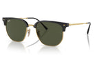 Ray-Ban Clubmaster sunglasses with a black acetate front, gold metal rims and bridge, and dark green lenses.