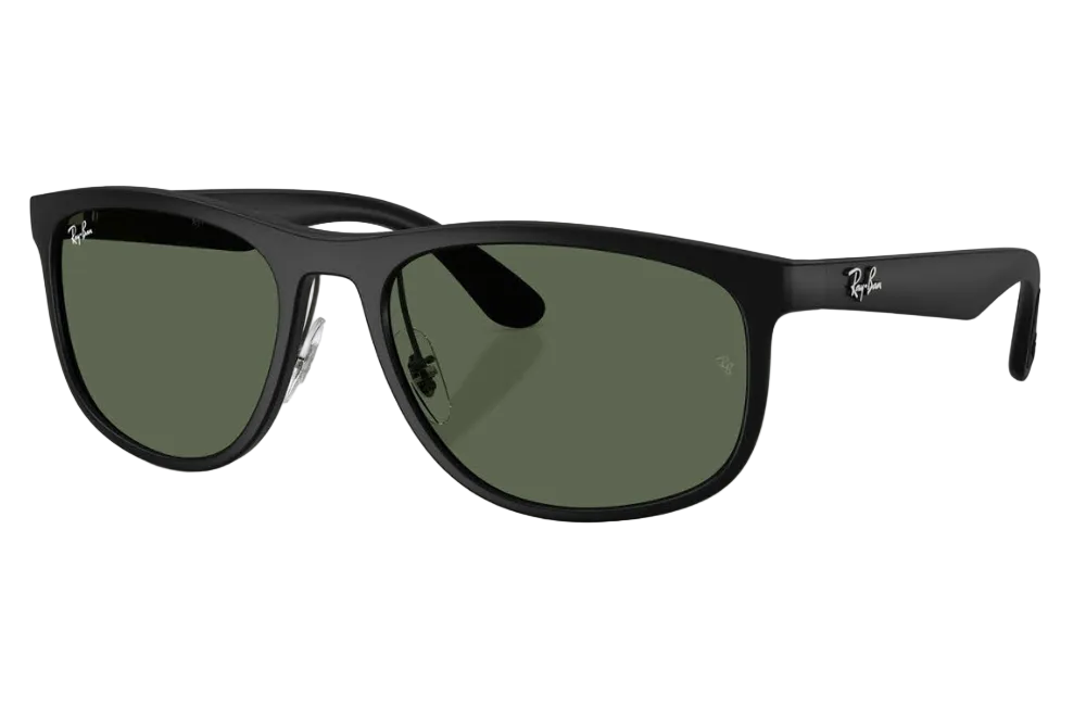 Black sunglasses with green lenses on a white background