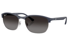 Sunglasses with dark blue frames and gradient lenses on a white background