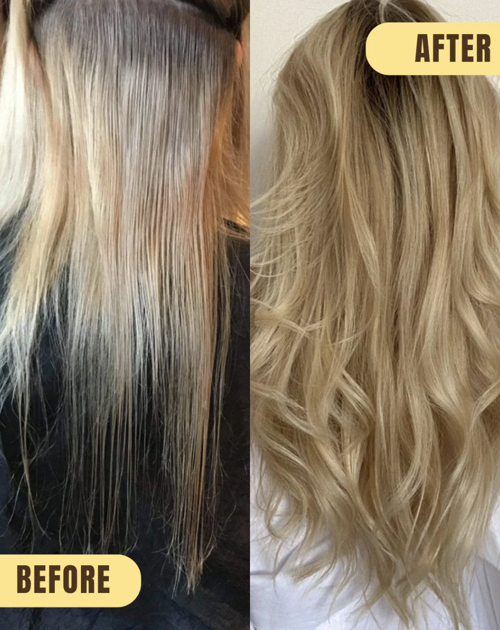Before-and-after comparison of hair color and texture. The left 'BEFORE' side shows dry, frizzy, and unevenly highlighted straight hair.