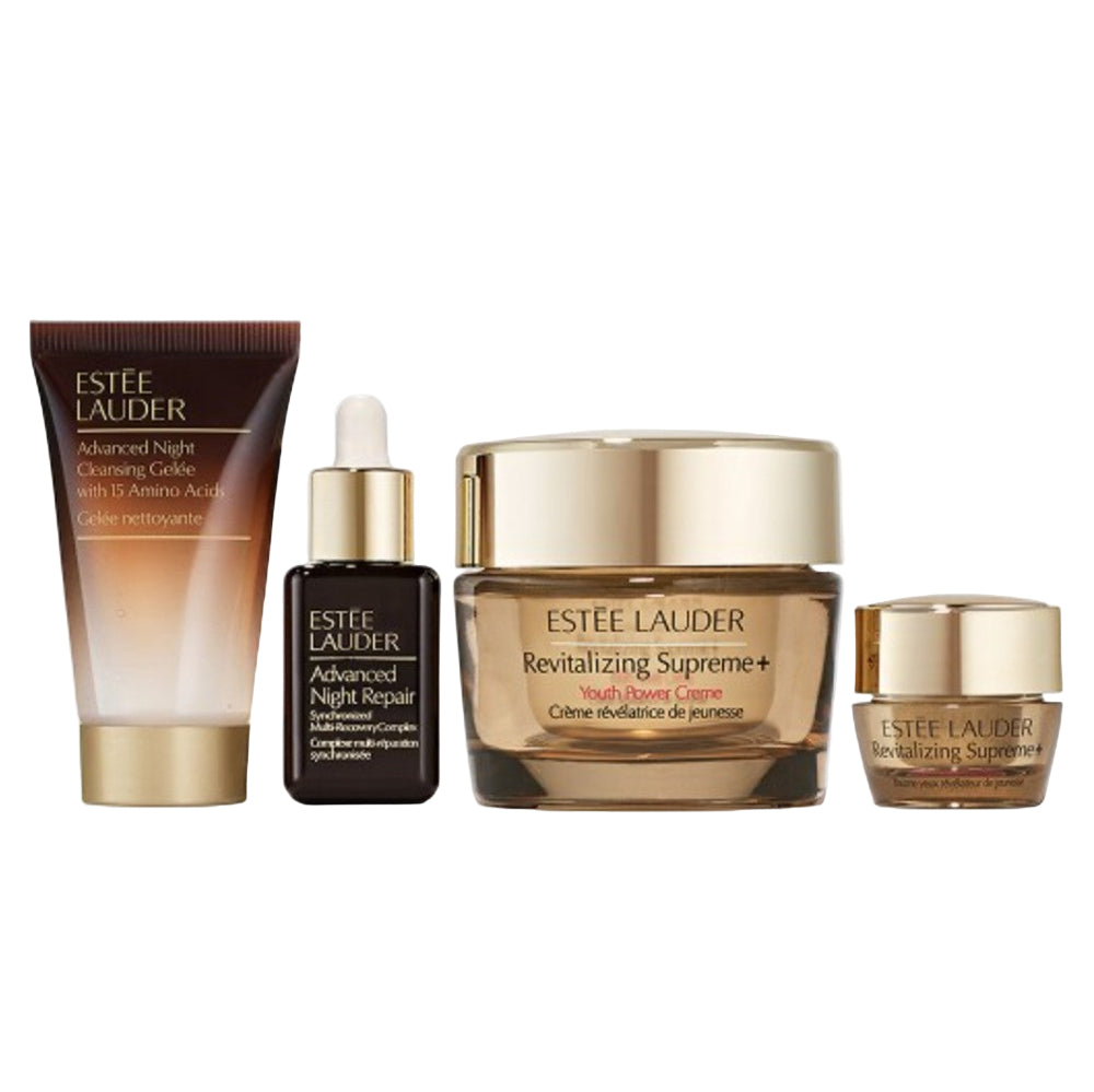 Estée Lauder skincare products on a light gray background