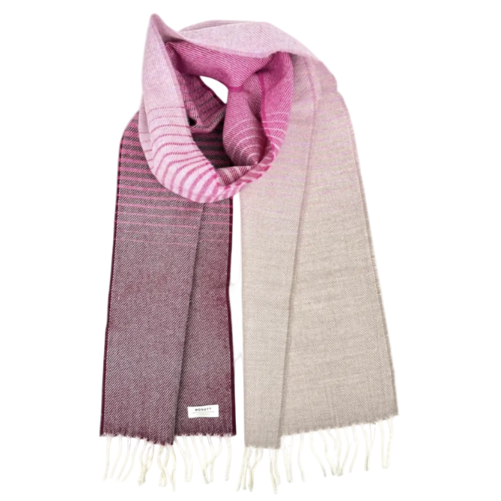 A woven scarf with a gradient design transitioning from pink and white stripes to a solid deep plum purple and finally to a light beige. The scarf has fringed ends and a small white label near the bottom edge.