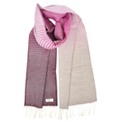 A woven scarf with a gradient design transitioning from pink and white stripes to a solid deep plum purple and finally to a light beige. The scarf has fringed ends and a small white label near the bottom edge.