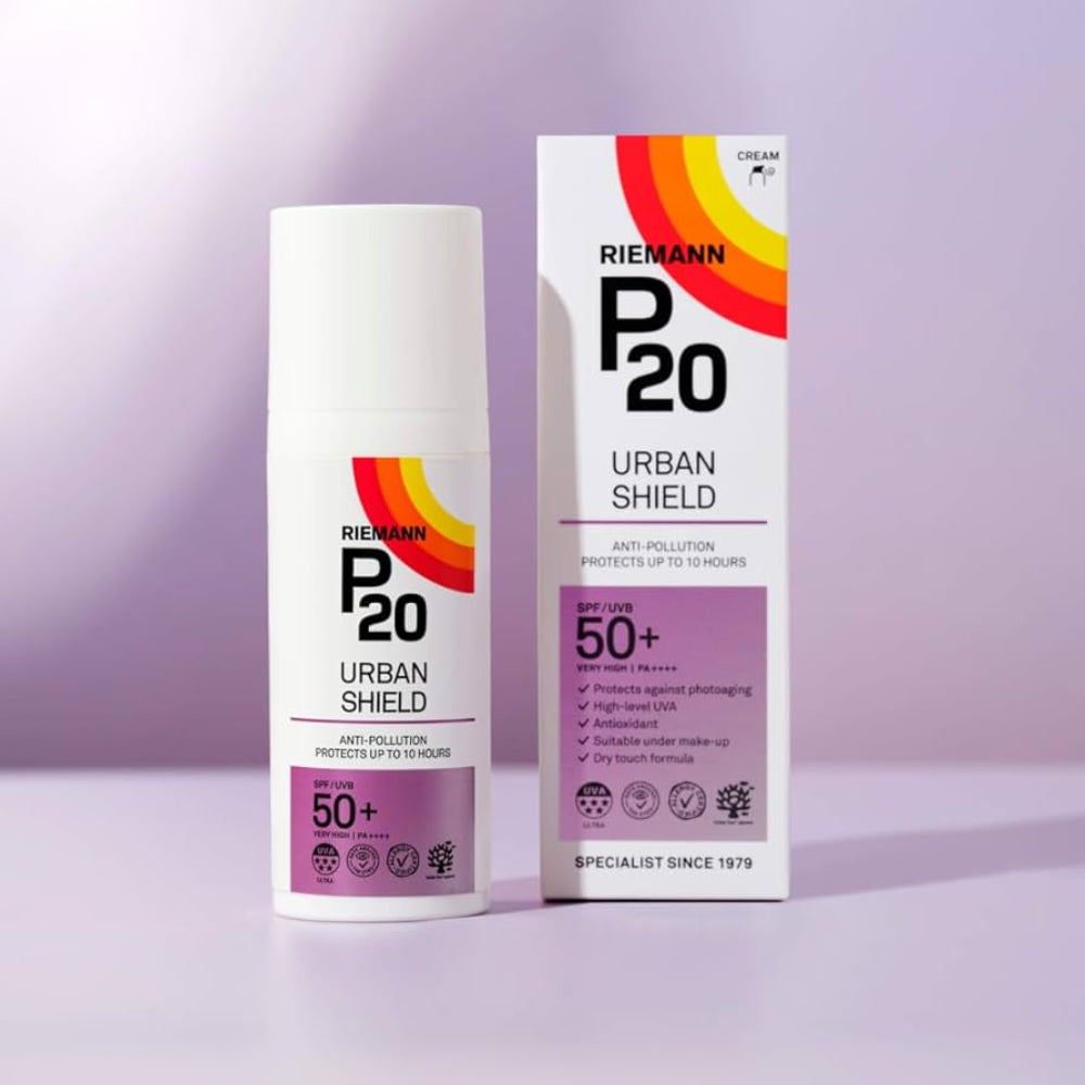 Riemann P20 Urban Shield sunscreen cream and packaging on a light purple background