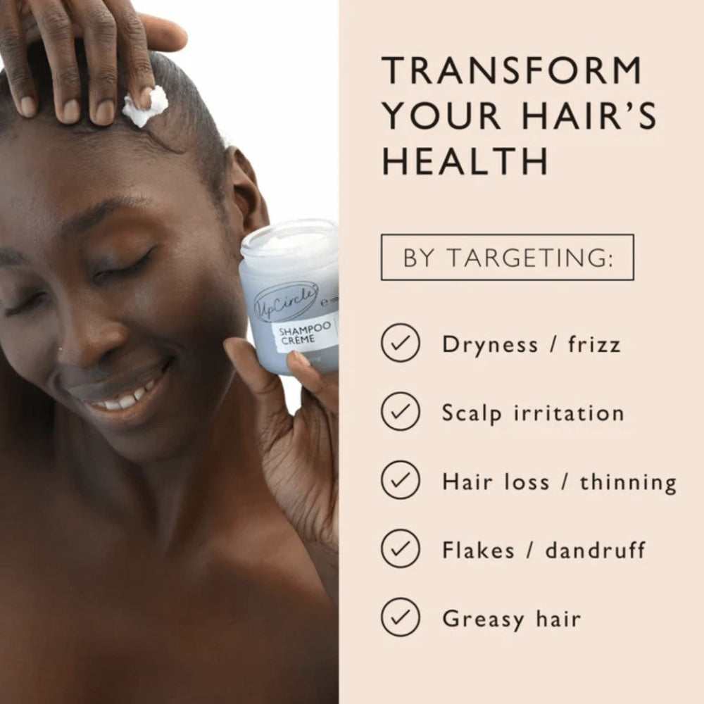 Person applying a product to their hair with text about hair care benefits on a beige background