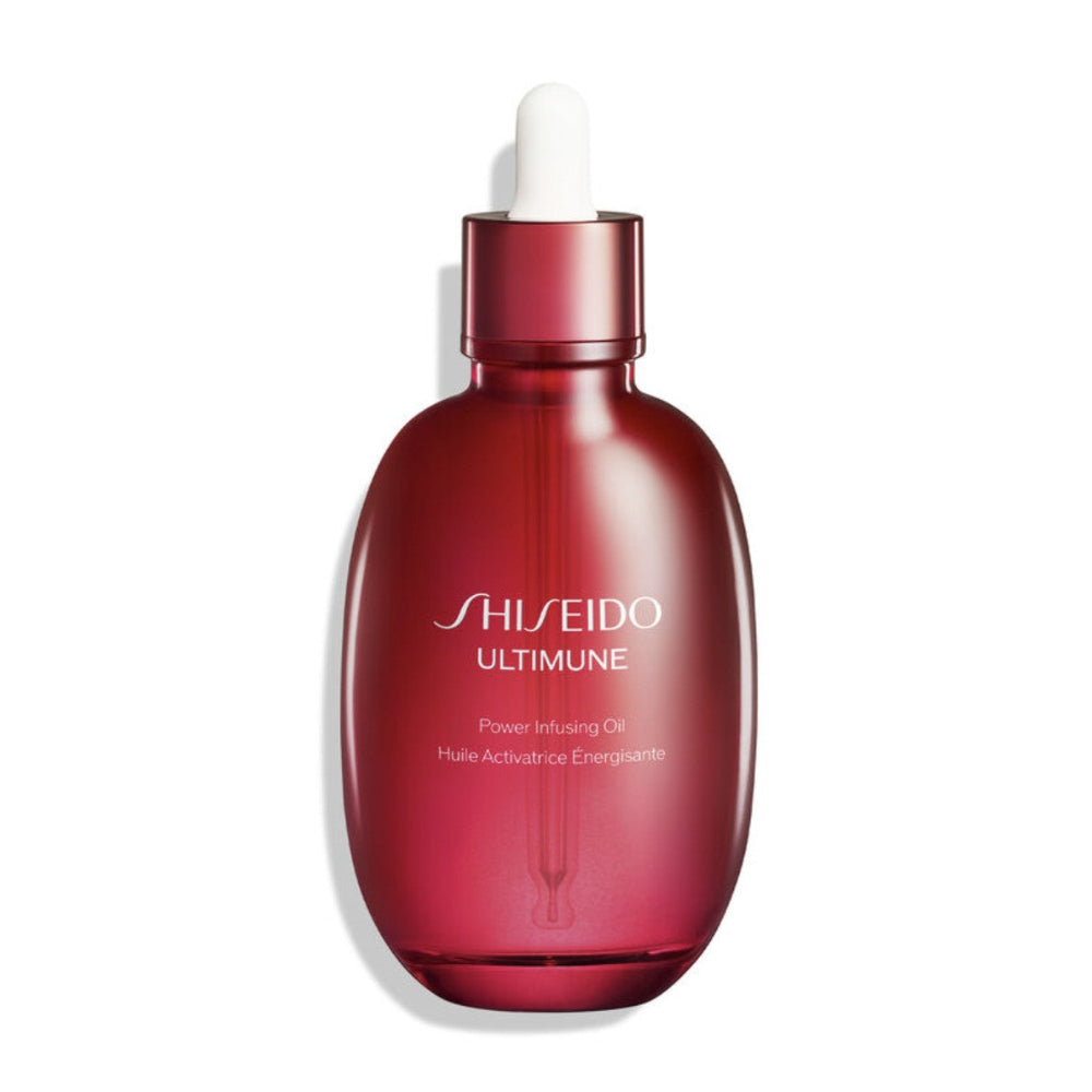 Shiseido Ultimune Power Infusing Oil bottle on a white background