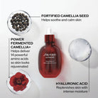 Shiseido Ultimune Power Infusing Oil with fortified camellia seed, power fermented camellia, and hyaluronic acid on a white background.