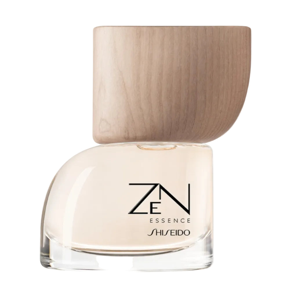 Shiseido ZEN Essence perfume bottle with wooden cap on a white background