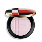 Shiseido Double Wear Setting Powder in an open black compact with a gold rim and a lid featuring a red, black, white, and beige geometric pattern.
