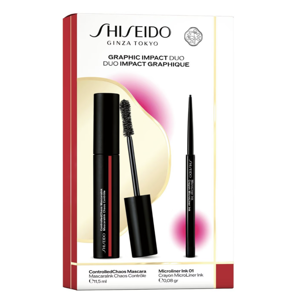 Shiseido Graphic Impact Duo cosmetic set in its original retail box, featuring a black mascara tube with wand and a black microfiber liner pen on a cream and red background.