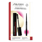 Shiseido Graphic Impact Duo cosmetic set in its original retail box, featuring a black mascara tube with wand and a black microfiber liner pen on a cream and red background.