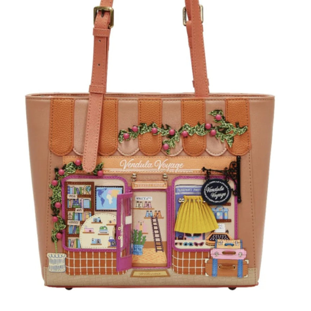 Handbag with a miniature store design on a beige background