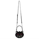 A black cat-shaped crossbody bag with embroidered pink eyes, white whiskers, and a long black strap with silver chain links, shown against a plain white background.