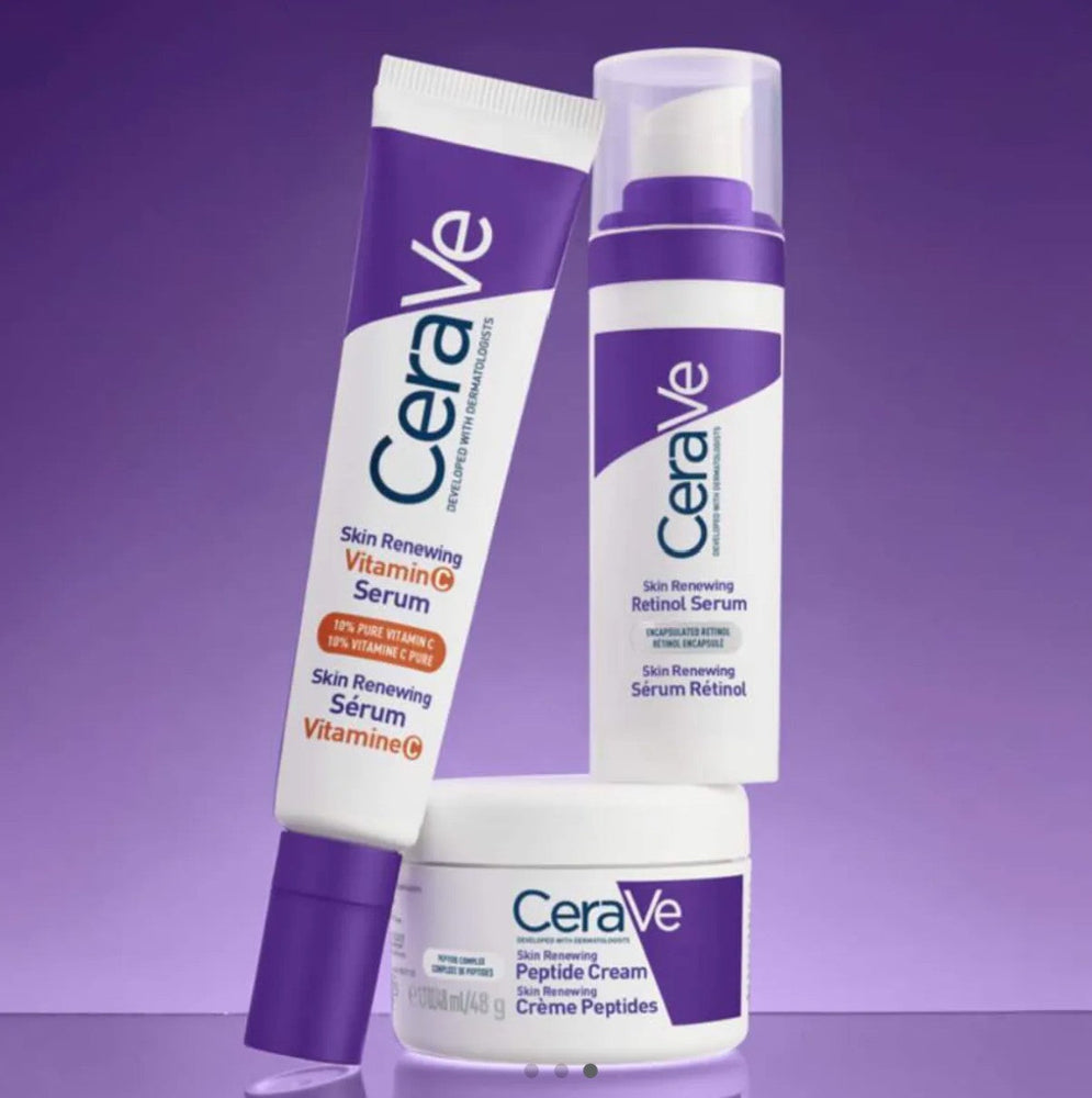 CeraVe skincare products including a serum, cream, and bottle on a purple background