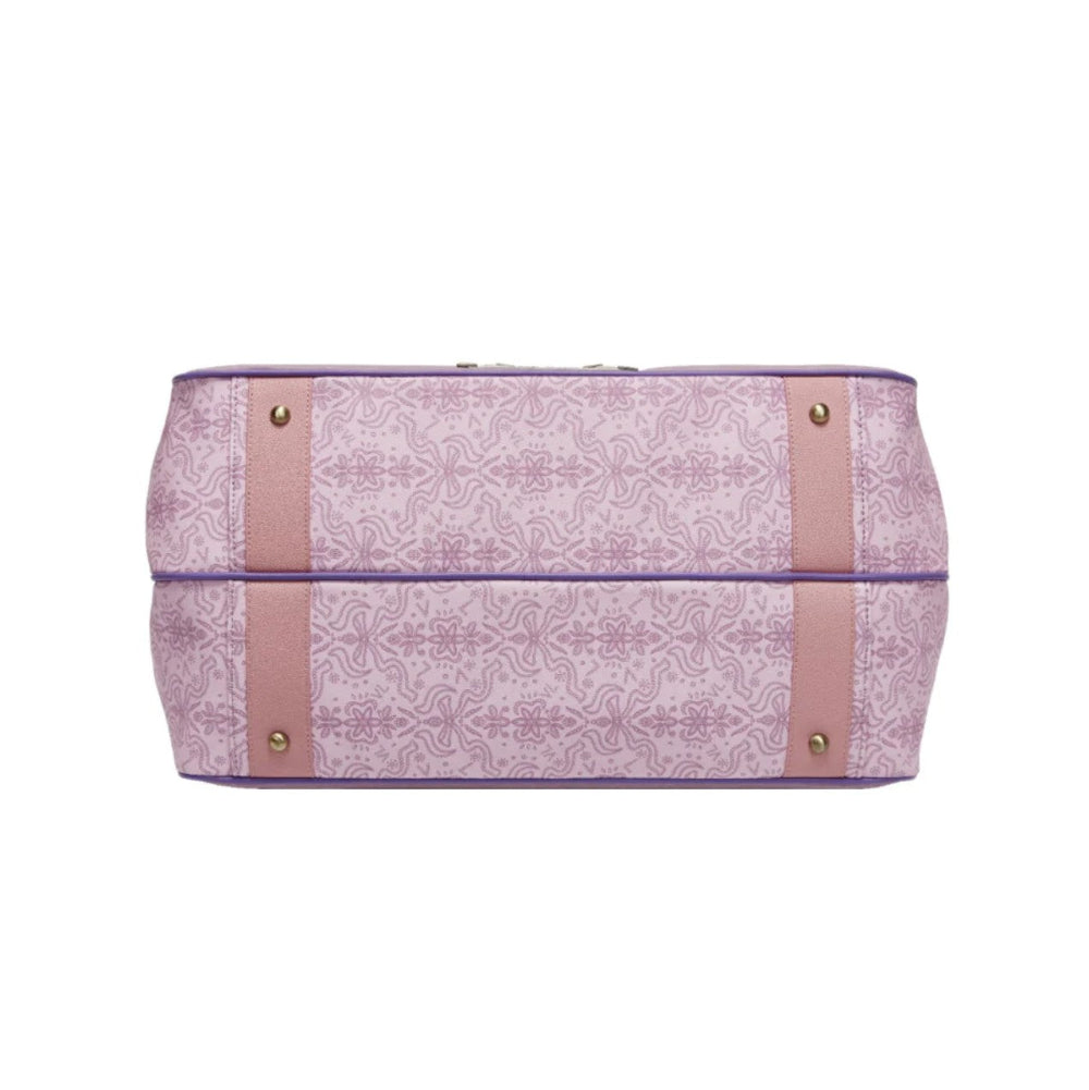 Bottom of bag. Purple patterned bag with gold accents on a white background