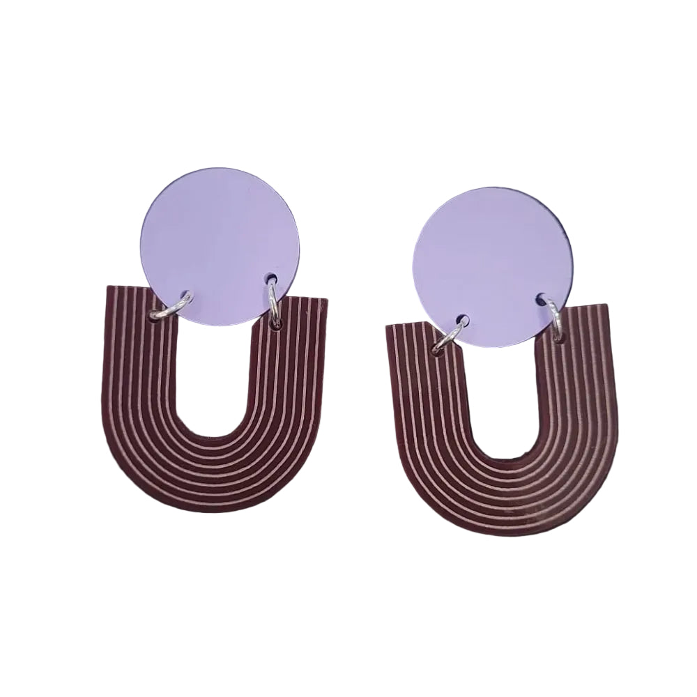 Small arc geometric earrings of lavender and burgundy