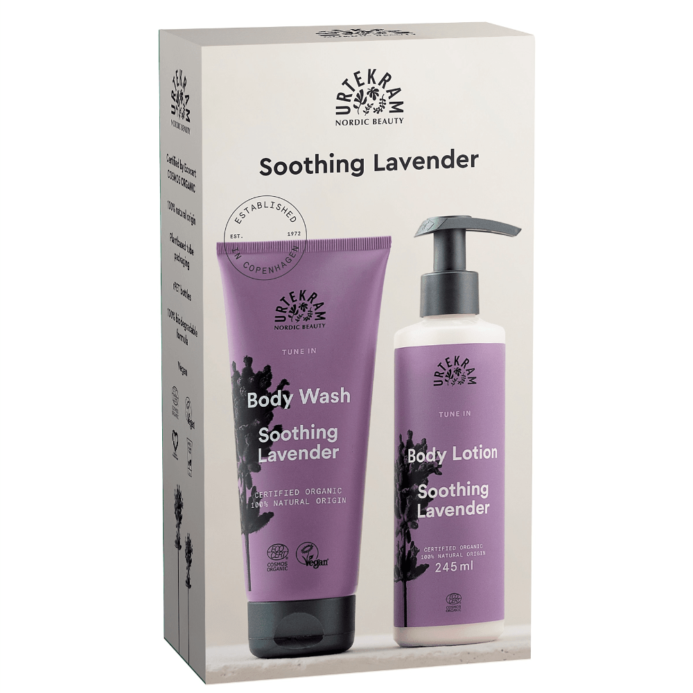 A boxed skincare set labeled Soothing Lavender, showing a body wash tube and a body lotion bottle in front of the package on a white background.
