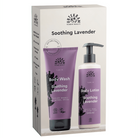 A boxed skincare set labeled Soothing Lavender, showing a body wash tube and a body lotion bottle in front of the package on a white background.