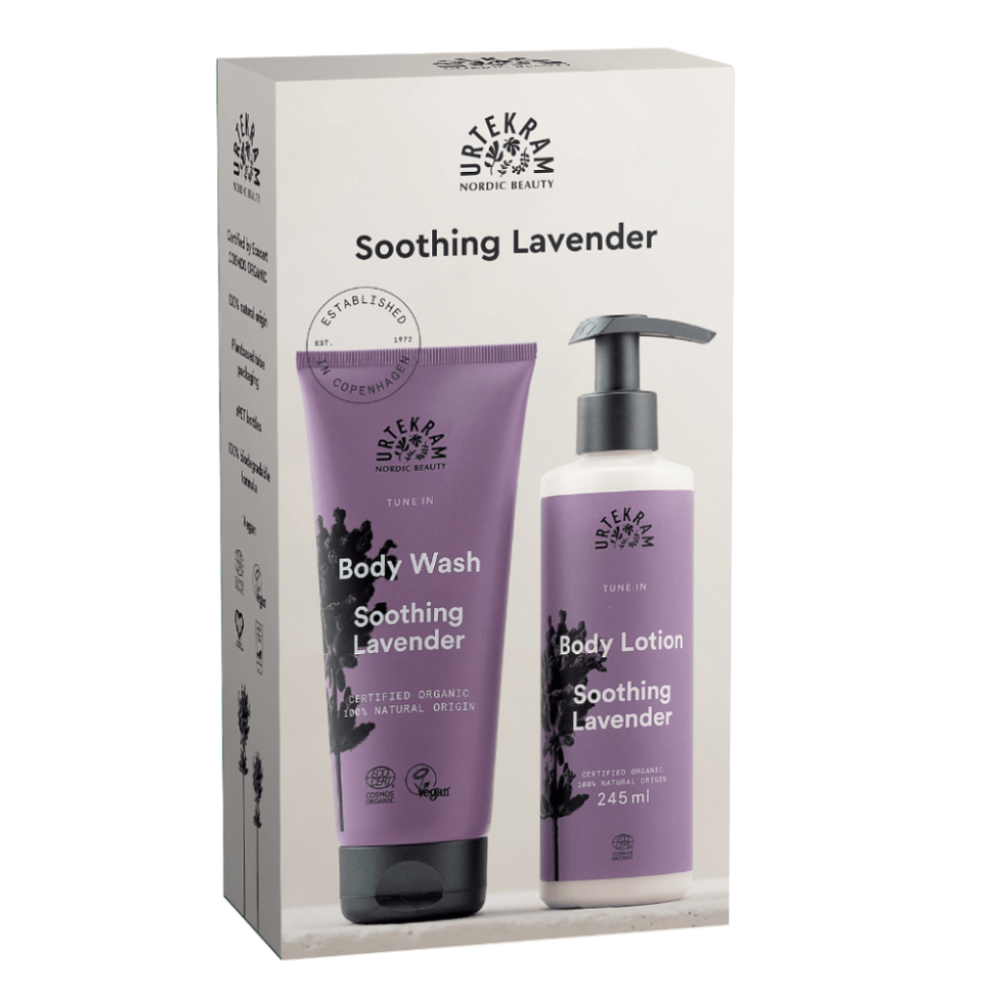 A boxed skincare set labeled Soothing Lavender, showing a body wash tube and a body lotion bottle in front of the package on a white background.